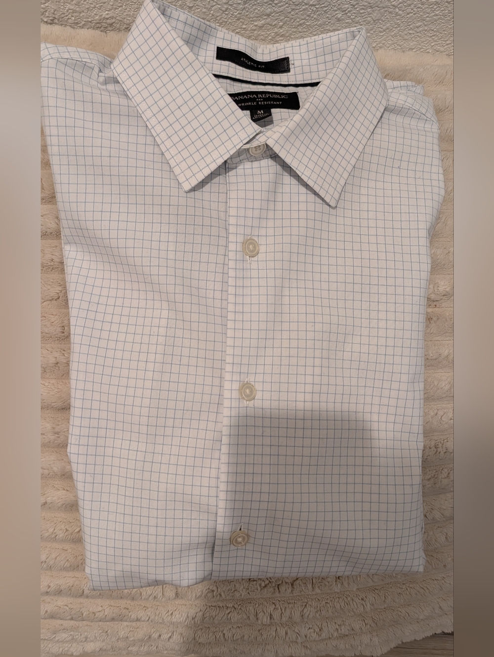 Banana Republic Blue and White Windowpane Dress Shirt Athletic Fit.